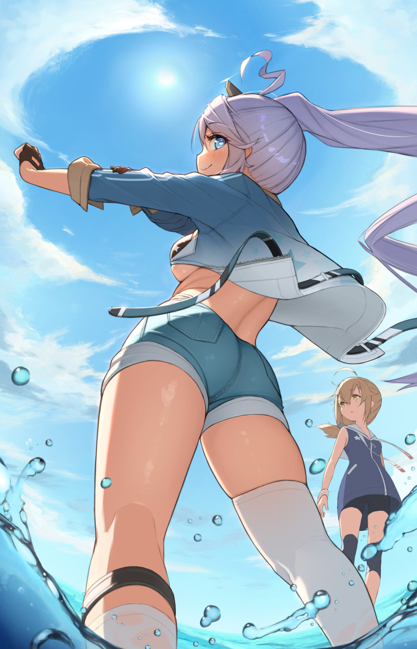 2girls ahoge ass asymmetrical_legwear azur_lane bike_shorts bikini black_bikini blonde_hair blue_track_suit breasts commentary_request dark-skinned_female dark_skin denim denim_jacket denim_shorts fingerless_gloves from_behind from_below gloves half_gloves hand_up heart heart-shaped_pupils heart_ahoge highres holding_own_arm jacket knee_pads looking_at_viewer maury_(azur_lane) mismatched_legwear multiple_girls portland_(azur_lane) sailor_collar shirt short_shorts shorts side_ponytail sleeveless sleeveless_shirt smile star_(symbol) star_print swimsuit symbol-shaped_pupils thighhighs white_sailor_collar white_thighhighs wristband yohia