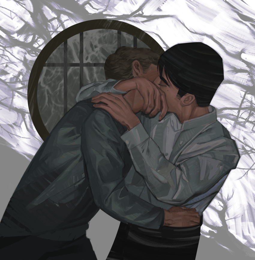 2boys abstract_background alyxwal arm_around_waist arms_around_neck artemy_burakh black_hair black_pants blonde_hair closed_eyes couple daniil_dankovsky grey_shirt hand_under_clothes kissing male_focus mole mole_under_eye multiple_boys pants pathologic pathologic_2 shirt short_hair sideburns thick_eyebrows white_shirt yaoi