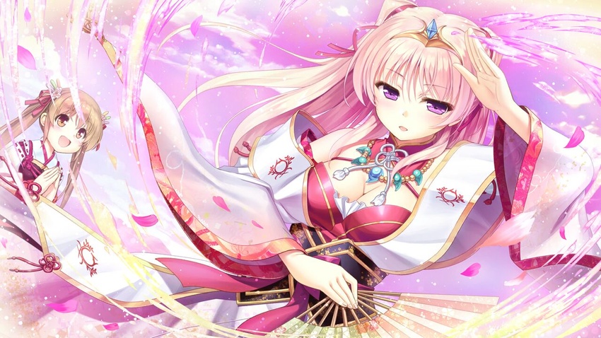 2girls :d armor breastplate breasts brown_hair cherry_blossoms cleavage cloud collar dancing detached_sleeves diadem floral_print game_cg hair_ornament hair_ribbon hand_fan holding holding_fan iris_mysteria! japanese_clothes jewelry kimono long_hair magatama magatama_necklace medium_breasts miyaguni_akari multiple_girls necklace own_hands_clasped own_hands_together pendant petals pink_hair purple_eyes red_collar ribbon sen_no_hatou_tsukisome_no_kouki shiinoha_kotone sky smile tiara twintails wide_sleeves yellow_eyes