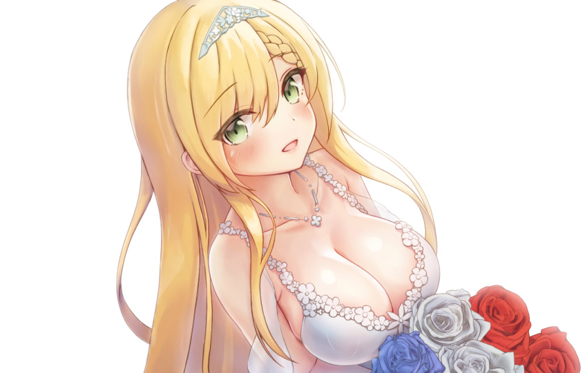 azur_lane blue_flower blue_rose bouquet breasts cleavage dress female flower forbin_(azur_lane) forbin_(fleur_de_mariee)_(azur_lane) french_flag from_above green_eyes holding holding_bouquet ice_nori large_breasts looking_at_viewer official_alternate_costume open_mouth oppai_loli red_flower red_rose rose simple_background solo tiara upper_body white_background white_dress white_flower white_rose