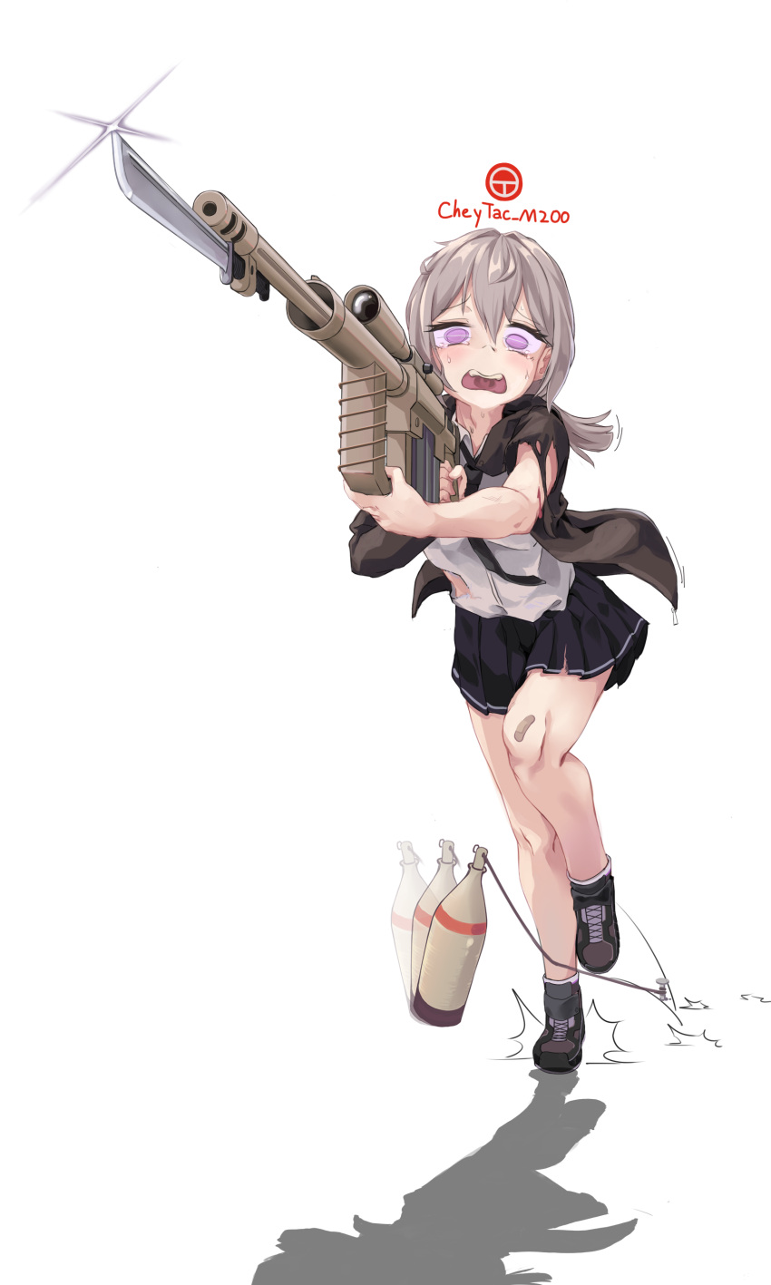 absurdres afterimage bandaid bandaid_on_knee bandaid_on_leg battlefield_(series) battlefield_1 bayonet blonde_hair blue_skirt bolt_action bottle brown_jacket cheytac_m200 collared_shirt crying crying_with_eyes_open english_commentary english_text female girls'_frontline grey_hair gun highres holding holding_weapon jacket long_sleeves looking_at_viewer low_ponytail m200_(girls'_frontline) nail open_mouth pleated_skirt purple_eyes rifle scope shirt shoes simple_background skirt sniper_rifle socks solantuber solo sparkle tears torn_clothes weapon white_background white_shirt