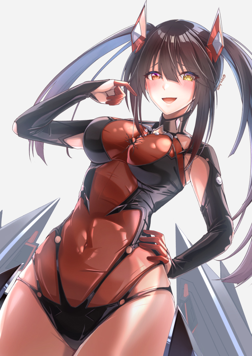 black_bodysuit black_hair black_leotard blush bodysuit breasts bug clock_eyes commentary_request covered_navel date_a_live female hair_between_eyes headgear heterochromia highres kagin_(kagou_shita_nanika) large_breasts leotard long_hair looking_at_viewer multicolored_bodysuit multicolored_clothes multicolored_leotard open_mouth red_bodysuit red_eyes red_leotard smile solo spider symbol-shaped_pupils tokisaki_kurumi twintails uneven_twintails yellow_eyes