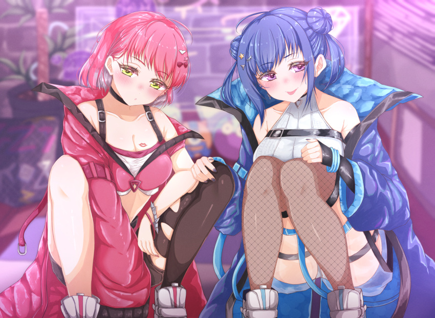 2girls absurdres ahoge black_choker black_thighhighs blue_hair blue_jacket blush breasts choker cleavage cropped_jacket cropped_shirt double_bun duel_monster evil_twin_ki-sikil evil_twin_lil-la fishnet_thighhighs fishnets green_eyes hair_bun hair_ornament heart heart_hair_ornament highres jacket ki-sikil_(yu-gi-oh!) large_breasts leotard lil-la_(yu-gi-oh!) lipstick_mark lipstick_mark_on_breast long_hair looking_at_viewer medium_hair multiple_girls nail_polish pink_nails purple_eyes purple_nails red_hair red_jacket riyo_(ryon_96) shirt shoes single_thighhigh smile star_(symbol) star_hair_ornament thigh_strap thighhighs tongue tongue_out torn_clothes torn_thighhighs white_footwear white_leotard white_shirt yu-gi-oh!