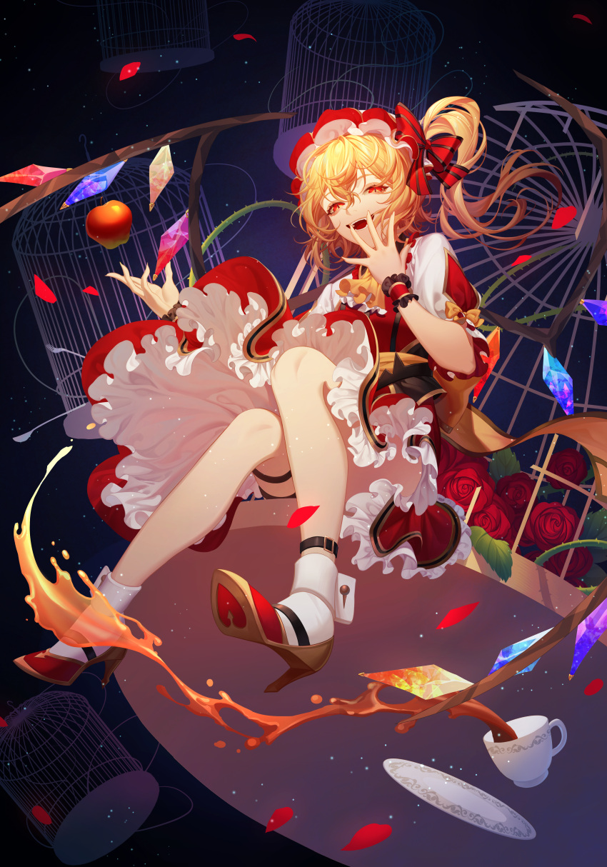 absurdres adapted_costume ankle_garter ankle_strap apple ascot birdcage blonde_hair bow cage crystal cup dress english_commentary erchongbaojun evil_smile female flandre_scarlet flower food frilled_ascot frills fruit full_body gold_trim hand_up hands_up hat hat_bow high_heels highres long_hair looking_at_viewer open_mouth petticoat puffy_short_sleeves puffy_sleeves red_bow red_dress red_eyes red_flower red_footwear red_hat red_rose rose saucer short_sleeves side_ponytail sitting slit_pupils smile socks solo striped striped_bow tea teacup thorns touhou white_socks wings wrist_cuffs yellow_ascot