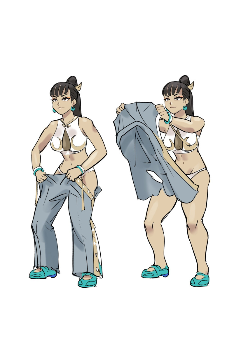 bigdumsirk chun-li crop_top earrings female highres jewelry long_hair meme navel official_alternate_costume official_alternate_hairstyle panties parody shoes simple_background sneakers stomach street_fighter street_fighter_6 tear-away_pants underwear undressing white_panties wristband