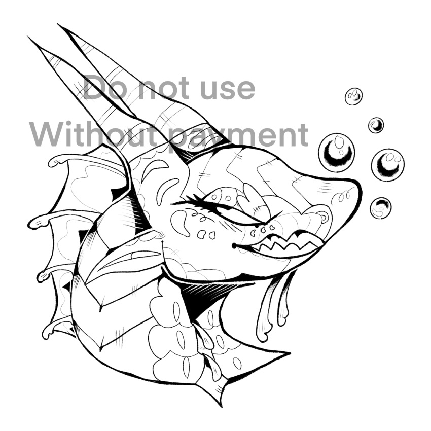 1:1 2023 ambiguous_gender black_and_white bubble carlarzall digital_media_(artwork) distracting_watermark dragon english_text feral hi_res horn membrane_(anatomy) monochrome mythological_creature mythological_scalie mythology scales scalie seawing_(wof) sharp_teeth simple_background solo teeth text watermark white_background wings_of_fire