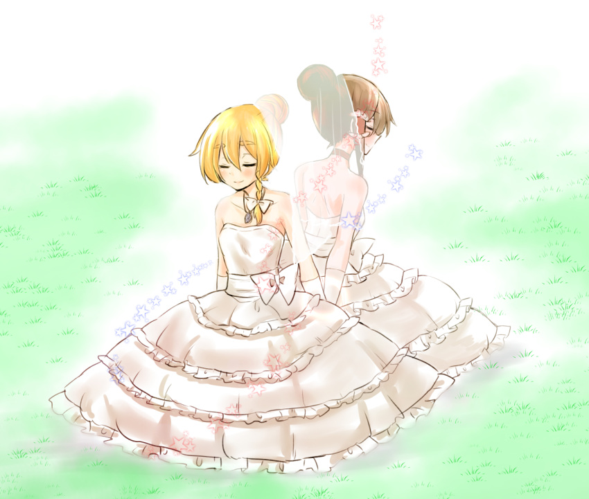 2girls alternate_costume alternate_hairstyle blonde_hair bow braid brown_hair choker closed_eyes commentary_request dress dress_bow frilled_dress frilled_hair_tubes frills gloves grass hair_bun hair_tubes hairbow hakurei_reimu jewelry kaya_rio kirisame_marisa light_blush light_smile multiple_girls necklace single_braid single_hair_bun star_(symbol) strapless strapless_dress touhou wedding_dress white_bow white_gloves wife_and_wife yuri