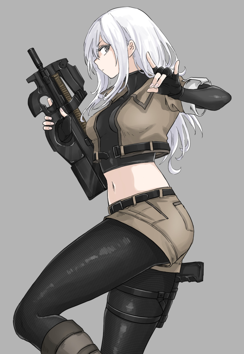 breasts bullpup crop_top cropped_shirt female fox_shadow_puppet fuku_(fuku12290574) grey_background grey_eyes gun handgun highres holding holding_weapon holster holstered medium_breasts midriff military navel original p90 pantyhose short_shorts shorts submachine_gun tactical_clothes thigh_holster turtleneck weapon white_hair