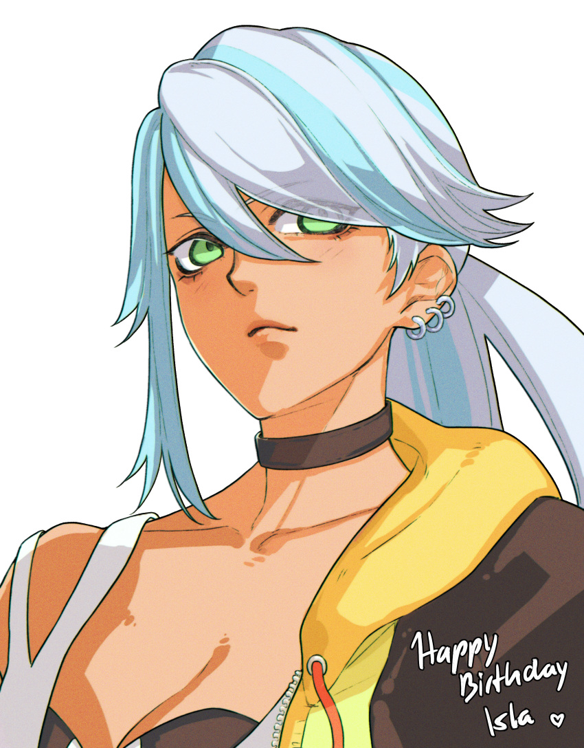 absurdres black_choker blue_hair breasts character_name choker cleavage closed_mouth collarbone commentary dark-skinned_female dark_skin dated_commentary drawstring earrings english_commentary female green_eyes grey_hair hair_between_eyes happy_birthday heart highres hood hood_down hoodie isla_(kof) jewelry ktovhinao light_blue_hair long_hair looking_at_viewer multicolored_hair ponytail simple_background solo the_king_of_fighters the_king_of_fighters_xv two-tone_hair white_background zipper