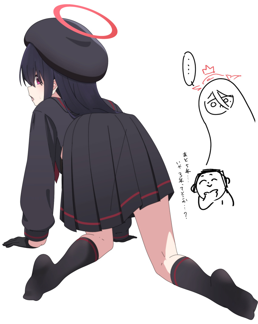 ... 1boy 2girls all_fours beret black_gloves black_hair black_headwear black_serafuku black_skirt black_socks blue_archive doodle_sensei_(blue_archive) easy_hasumi_(blue_archive)_(mecham) from_behind gloves halo hasumi_(blue_archive) hat highres justice_task_force_member_(blue_archive) long_hair long_sleeves looking_at_viewer looking_back multiple_girls nyaru_(nyaru_4126) pleated_skirt red_eyes red_halo school_uniform sensei_(blue_archive) serafuku simple_background skirt socks spoken_ellipsis translation_request white_background