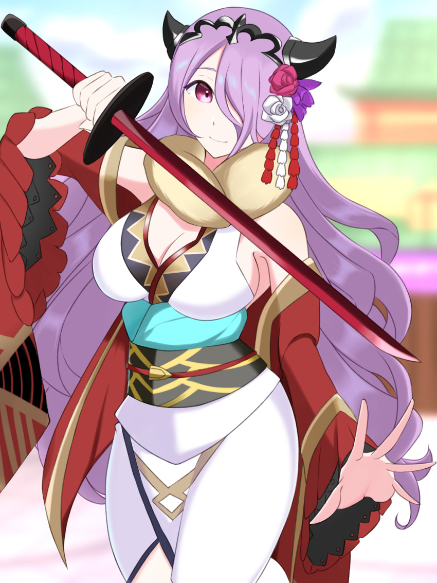 bare_shoulders blurry blurry_background breasts camilla_(fire_emblem) camilla_(new_year)_(fire_emblem) cleavage closed_mouth female fire_emblem fire_emblem_fates fire_emblem_heroes flower hair_flower hair_ornament hair_over_one_eye highres holding holding_sword holding_weapon japanese_clothes kimono large_breasts long_hair long_sleeves official_alternate_costume ondur purple_eyes purple_hair smile solo sword very_long_hair weapon wide_sleeves