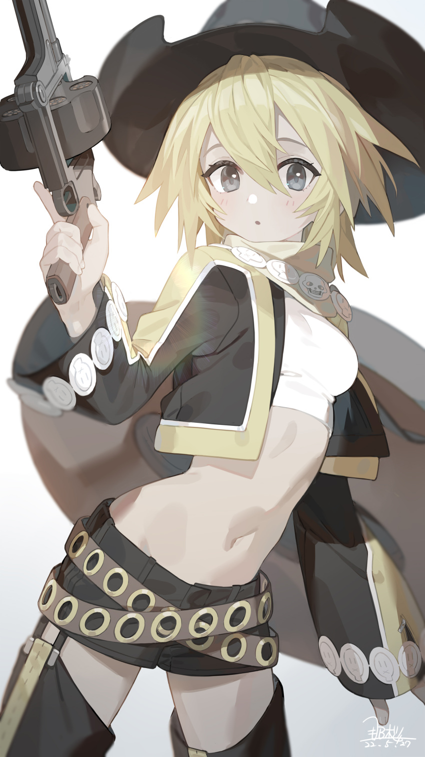 absurdres belt black_hat black_shorts blonde_hair breasts chaps cowboy_hat crop_top dated female gradient_background gun hair_between_eyes hat highres holding holding_gun holding_weapon jacket long_sleeves looking_at_viewer medium_breasts midriff nao_(syn_eaa) navel open_clothes open_jacket parted_lips revolver short_shorts shorts signature simple_background sleeves_past_wrists solo sonolar summon_night summon_night_3 weapon zipper zipper_pull_tab