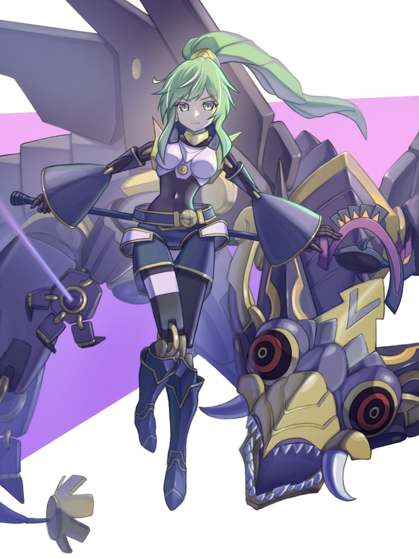 belt breasts doll_joints dragon duel_monster el_shaddoll_winda female floating full_body green_eyes green_hair highres holding holding_staff joints long_hair long_sleeves mechanical_arms medium_breasts ponytail pulao_wind_of_the_yang_zing sharp_teeth staff takkayuuki teeth wide_sleeves winda_(yu-gi-oh!) yu-gi-oh!