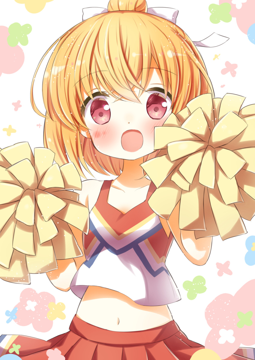 anne_happy blonde_hair blush bow cheerleader collarbone crop_top female hairbow hanakoizumi_an happy highres ichiyo12 looking_at_viewer midriff navel open_mouth pom_pom_(cheerleading) red_eyes red_skirt shirt short_hair skirt sleeveless sleeveless_shirt smile solo