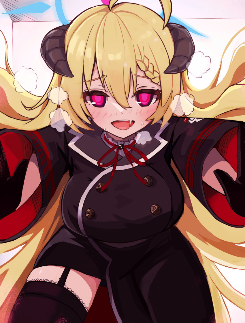 absurdres ahoge akari_(blue_archive) assertive_female black_dress black_gloves black_horns black_thighhighs blonde_hair blue_archive blue_halo braid braided_bangs breasts demon_girl demon_horns double-parted_bangs dress female garter_straps gloves hair_between_eyes halo heavy_breathing highres horns indoors large_breasts long_hair long_sleeves neck_ribbon pink_eyes pink_hair pink_pupils red_ribbon ribbon single_thighhigh solo thighhighs thomason366