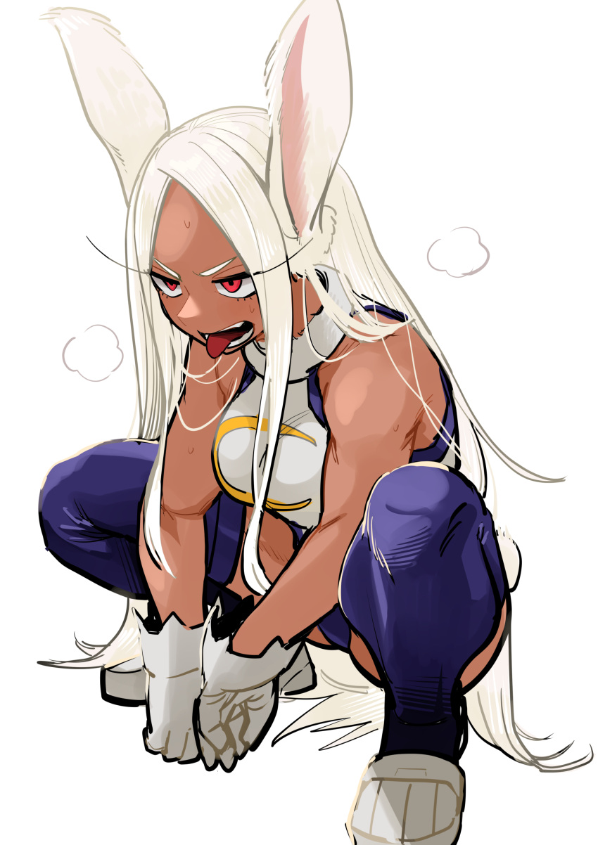 absurdres animal_ears bare_shoulders between_legs boku_no_hero_academia breasts breath crescent_print dark-skinned_female dark_skin female full_body fur_collar gloves hand_between_legs highleg highleg_leotard highres kanke_(kank06020602) large_breasts leotard long_eyelashes long_hair looking_ahead mirko open_mouth parted_bangs purple_thighhighs rabbit_ears rabbit_girl rabbit_tail red_eyes sleeveless_turtleneck_leotard solo spread_legs squatting sweat tail taut_leotard thighhighs toned tongue tongue_out very_long_hair white_background white_gloves white_hair white_leotard