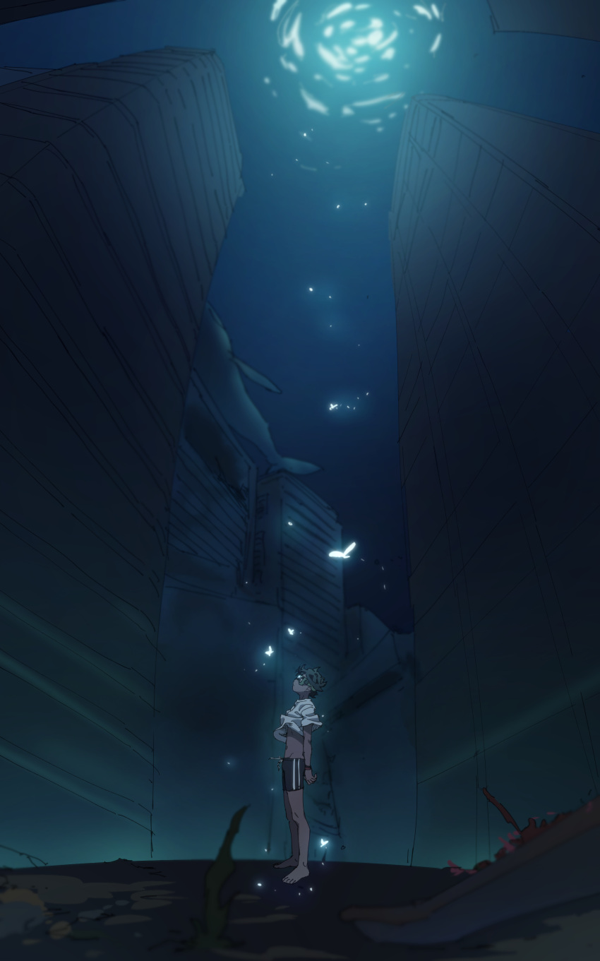 1boy absurdres bad_id bad_pixiv_id blue_whale bug building butterfly city cityscape glimo glowing goggles goggles_on_eyes highres male_focus male_swimwear moon night original outdoors plant shirt short_hair swim_trunks underwater underwater_city whale