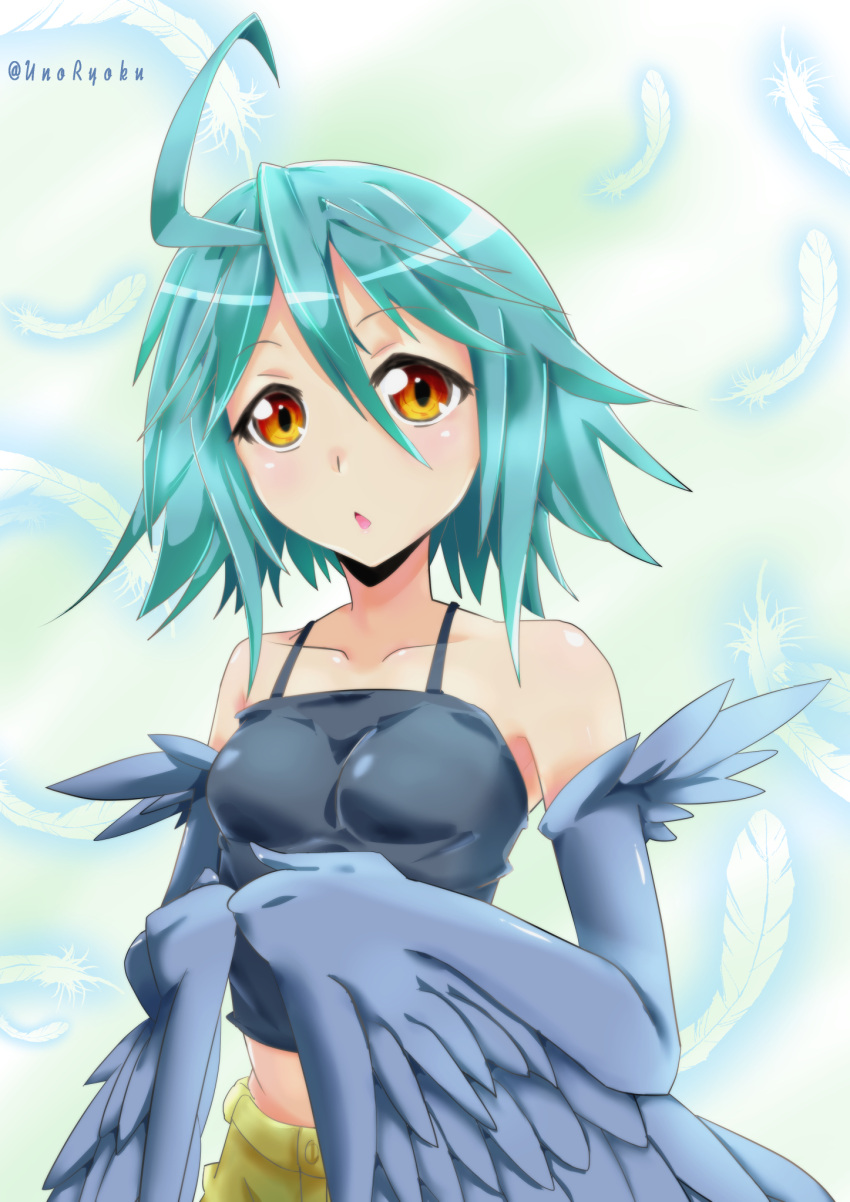 ahoge bare_shoulders black_tank_top blue_feathers blue_hair blue_wings blush breasts clip_studio_paint_(medium) feathered_wings feathers female hair_between_eyes harpy highres looking_at_viewer midriff monster_girl monster_musume_no_iru_nichijou open_mouth papi_(monster_musume) short_hair shorts small_breasts solo tank_top twitter_username uno_ryoku winged_arms wings yellow_eyes