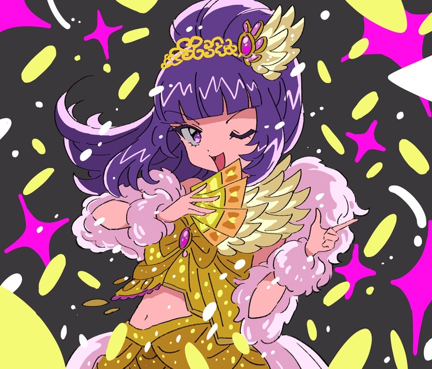 ;d backlighting blunt_bangs cowboy_shot feather_boa female hanazono_shuka hands_up holding_ticket idol_clothes idol_time_pripara long_hair looking_at_viewer midriff one_eye_closed open_mouth ponytail pretty_series pripara priticket purple_eyes purple_hair rituyama1 shirt skirt smile solo sparkle standing tiara yellow_shirt yellow_skirt