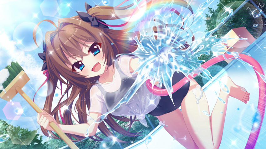 ahoge barefoot black_bow blue_eyes blue_sky bow breasts broom brown_hair chain-link_fence cloud collarbone covered_navel day dutch_angle female fence film_grain game_cg hair_intakes hair_ribbon hairbow holding holding_broom hose izumi_tsubasu lens_flare long_hair looking_at_viewer medium_breasts non-circular_lens_flare non-web_source oerba_yun_fang official_art open_mouth outdoors pink_ribbon pool rainbow re:stage! ribbon school_swimsuit see-through see-through_shirt shikimiya_aone shirt sky smile solo sparkle spraying standing standing_on_one_leg swimsuit tree two_side_up wet wet_clothes wet_shirt white_shirt