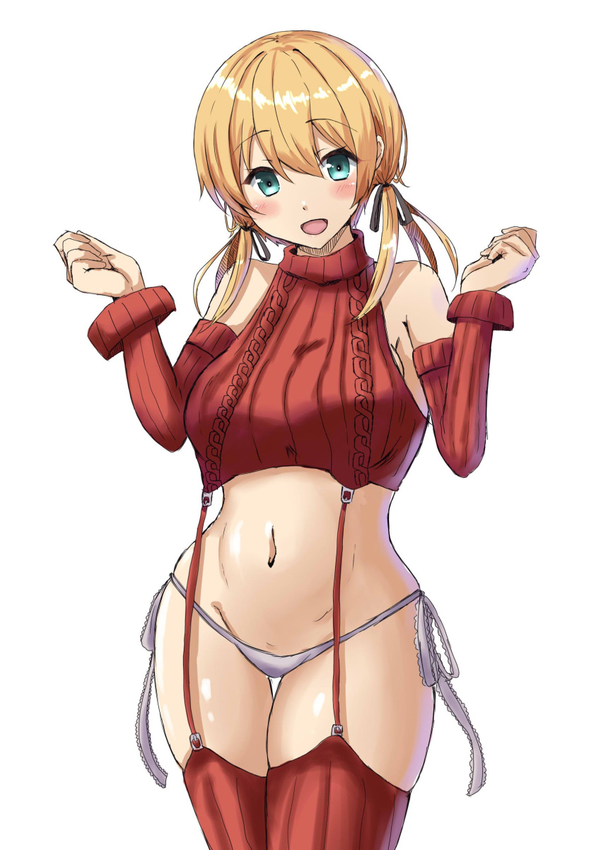 absurdres blonde_hair chan_(akuty_ikkot) cowboy_shot detached_sleeves female garter_straps green_eyes hair_ribbon highres kantai_collection long_hair meme_attire navel panties prinz_eugen_(kancolle) red_sweater red_thighhighs ribbed_sweater ribbon side-tie_panties simple_background sleeveless sleeveless_sweater smile solo sweater thigh_gap thighhighs twintails underwear virgin_destroyer_sweater w_arms white_background white_panties