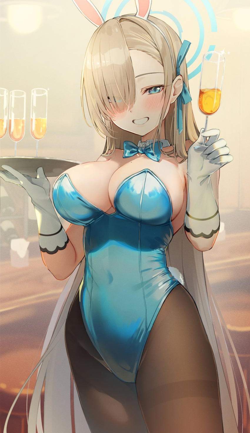 absurdres animal_ears asuna_(blue_archive) asuna_(bunny)_(blue_archive) auui black_pantyhose blue_archive blue_eyes blue_halo blue_leotard blurry blurry_background breasts brown_hair champagne_flute cup drinking_glass fake_animal_ears female halo highleg highleg_leotard highres holding holding_tray indoors leotard long_hair looking_at_viewer official_alternate_costume pantyhose parted_bangs playboy_bunny rabbit_ears solo strapless strapless_leotard tray very_long_hair