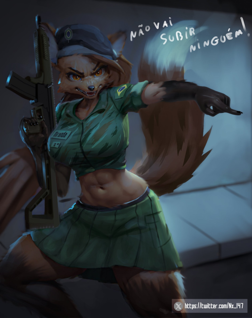 angry anthro army_uniform biped brazil brazilian brazilian_flag canid canine clothed clothing dialogue female gesture gun hand_gesture hi_res mammal maned_wolf miranda_(naythf) multicolored_body nx147 pointing ranged_weapon simple_background solo text translated two_tone_body weapon