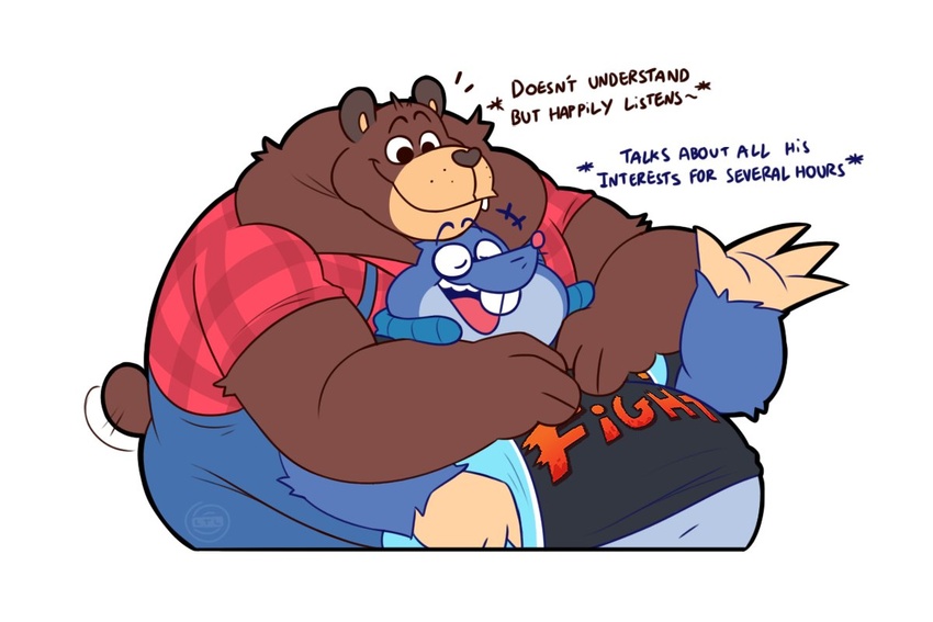 2024 3:2 anthro bear belly big_belly blue_body brown_body brown_fur cade_maplebottom closed_eyes clothing duo dylan_ramos english_text eulipotyphlan fur hug hugging_another hugging_from_behind kemono leothelionel male male/male mammal mole_(animal) overalls overweight overweight_male shirt simple_background tail tail_motion tailwag text the_human_heart_(game) topwear white_background