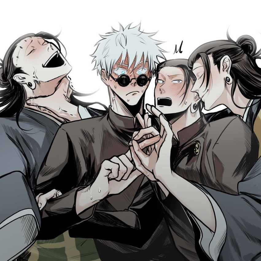 4boys 8990gs black_hair blush full-face_blush getou_suguru getou_suguru_(kenjaku) gojou_satoru highres jujutsu_kaisen jujutsu_tech_uniform male_focus multiple_boys penetration_gesture piercing plug_(piercing) round_eyewear smile strangling sunglasses surprised sweat white_hair yaoi