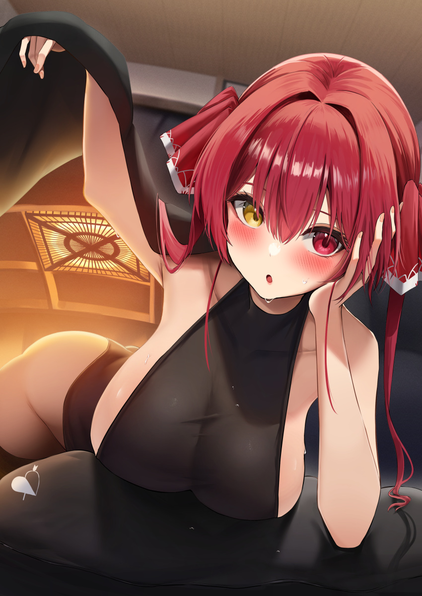 :o absurdres amane_sora bare_shoulders blush breasts cleavage collarbone commentary_request female groin hair_between_eyes hair_ribbon heterochromia highres hololive houshou_marine houshou_marine_(1st_costume) kotatsu large_breasts leotard long_hair looking_at_viewer lying on_stomach open_mouth red_eyes red_hair ribbon see-through see-through_cleavage sideboob solo table turtleneck turtleneck_leotard twintails under_kotatsu under_the_table virtual_youtuber yellow_eyes