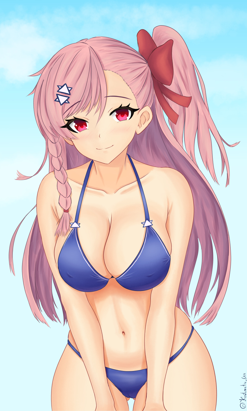 absurdres ass_visible_through_thighs bikini blue_bikini blush bow breasts cleavage closed_mouth collarbone cowboy_shot female girls'_frontline hair_between_eyes hair_ornament hexagram highres kentumatsu long_hair navel negev_(girls'_frontline) one_side_up pink_hair red_bow red_eyes smile solo star_of_david stomach swimsuit twitter_username