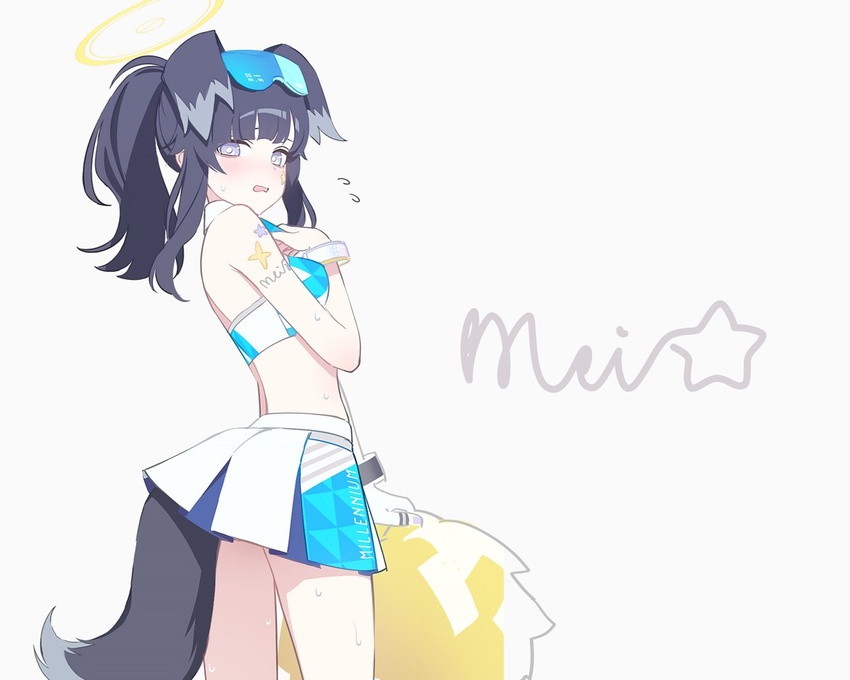 animal_ears black_hair blue-tinted_eyewear blue_archive blush cheerleader cowboy_shot dog_ears dog_girl dog_tail eyewear_on_head female grey_eyes halo hibiki_(blue_archive) hibiki_(cheer_squad)_(blue_archive) holding holding_pom_poms long_hair looking_at_viewer millennium_cheerleader_outfit_(blue_archive) mimitoke official_alternate_costume open_mouth pom_pom_(cheerleading) ponytail safety_glasses solo tail tinted_eyewear yellow_halo