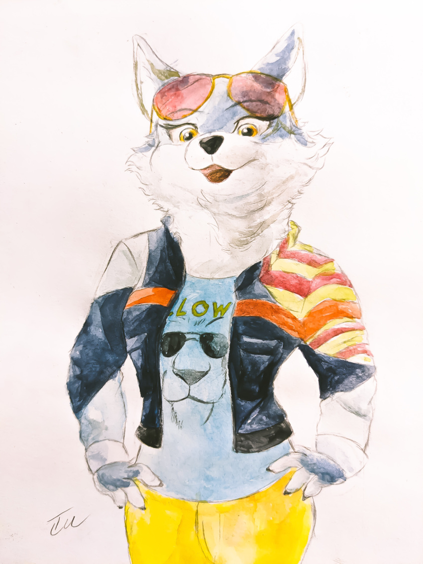 3:4 4_toes absurd_res anthro blue_body blue_fur bottomwear canid canine canis clothed clothing eyelashes eyewear eyewear_on_head feet female fur glasses glasses_on_head hand_on_hip hi_res ichinoseura illumination_entertainment jacket logo_print looking_at_viewer mammal multicolored_body nails orange_eyes pants porsha_crystal simple_background sing_(movie) smile smiling_at_viewer solo toes topwear two_tone_body white_body white_fur wolf