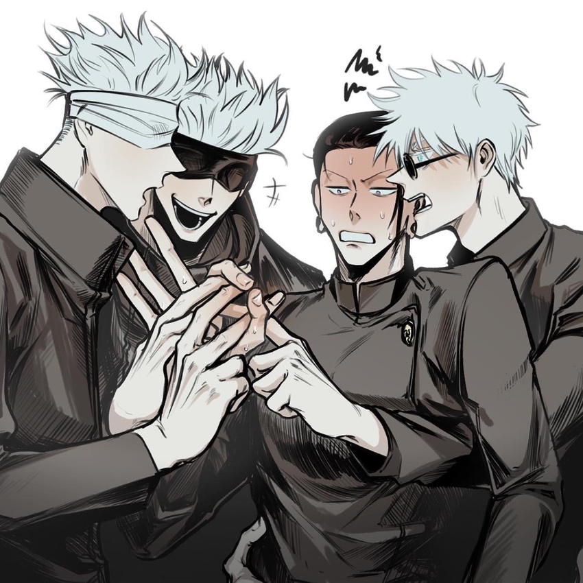 +++ 4boys 8990gs bandages bandages_over_eyes black_blindfold black_hair blindfold blush getou_suguru gojou_satoru hair_pulled_back highres hug hug_from_behind jujutsu_kaisen jujutsu_tech_uniform male_focus multiple_boys penetration_gesture piercing sunglasses white_hair yaoi