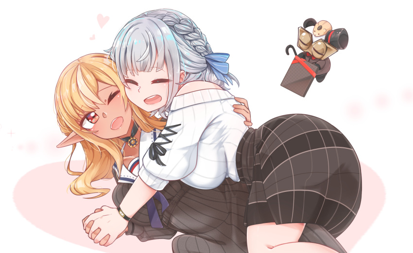 2girls black_choker blonde_hair braid breasts choker cleavage closed_eyes couple dark-skinned_female dark_elf dark_skin dress elf french_braid grey_dress grey_hair heart highres holding_hands hololive interlocked_fingers jewelry kintsuba_(shiranui_flare) large_breasts long_hair multicolored_hair multiple_girls off-shoulder_sweater off_shoulder official_alternate_costume official_alternate_hairstyle one_eye_closed open_mouth pendant pinstripe_dress pinstripe_pattern pointy_ears red_eyes ribbed_sweater ribbon sailor_collar shiranui_flare shiranui_flare_(street) shirogane_noel shirogane_noel_(casual) sidelocks skirt smile snowflake_choker snowflake_pendant starblame streaked_hair striped_clothes striped_dress sun_pendant sweater sweater_tucked_in vertical-striped_clothes vertical-striped_dress virtual_youtuber wavy_hair white_sweater yuri