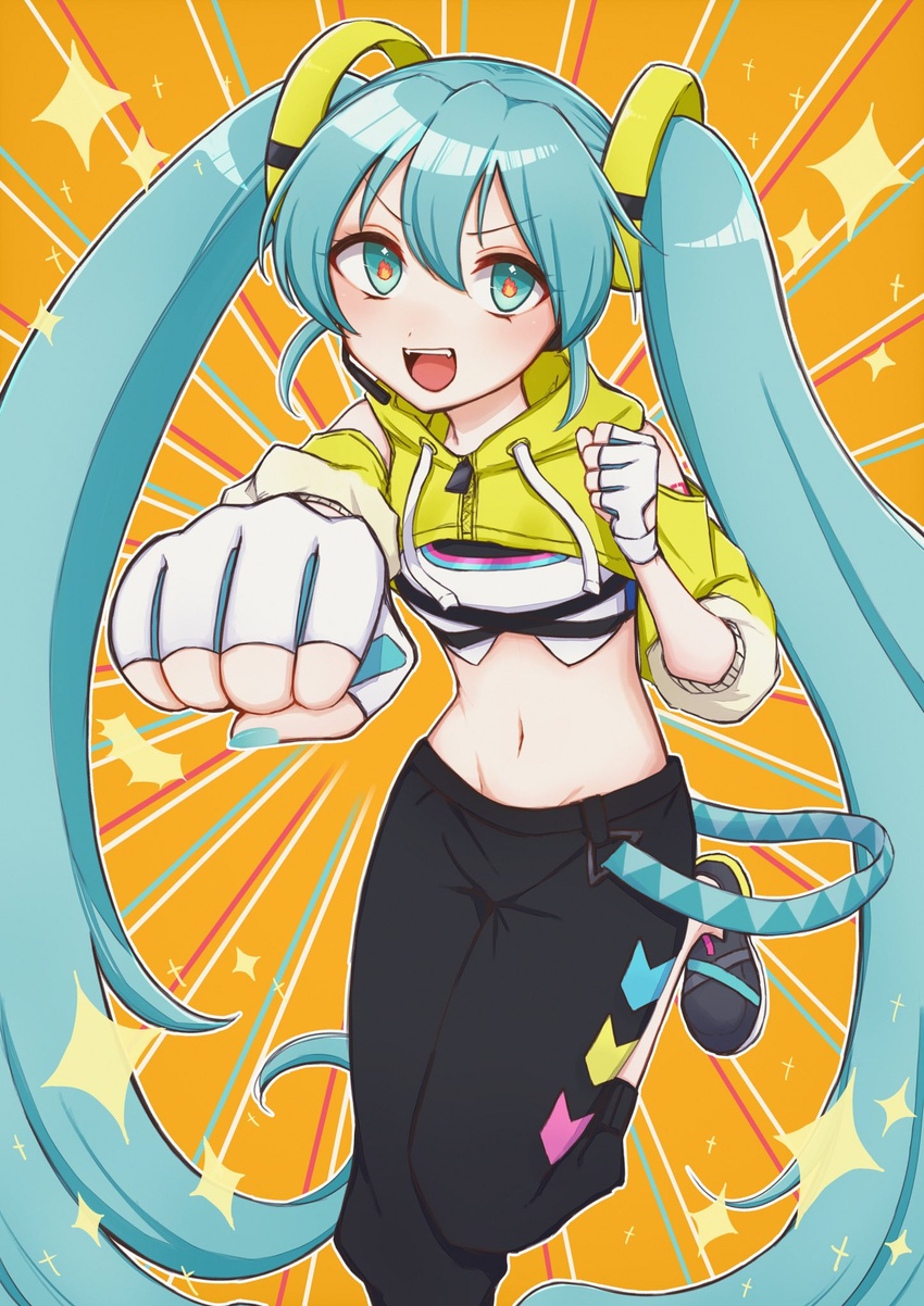 aiming aiming_at_viewer aqua_eyes aqua_hair aqua_nails black_pants clenched_hands commentary cropped_jacket dot_nose drawstring emphasis_lines fangs female fiery_pupils fingerless_gloves fitness_boxing fitness_boxing_feat._hatsune_miku:_isshoni_exercise foreshortening gloves groin hatsune_miku highres hood hooded_jacket incoming_attack jacket lanyard leg_up long_hair looking_at_viewer midriff mokyuren navel open_mouth orange_background pants punching shoes smile sneakers solo sparkling_aura sports_bra standing standing_on_one_leg symbol-shaped_pupils track_pants twintails underwear upper_body v-shaped_eyebrows very_long_hair vocaloid white_gloves white_sports_bra yellow_jacket zipper zipper_pull_tab