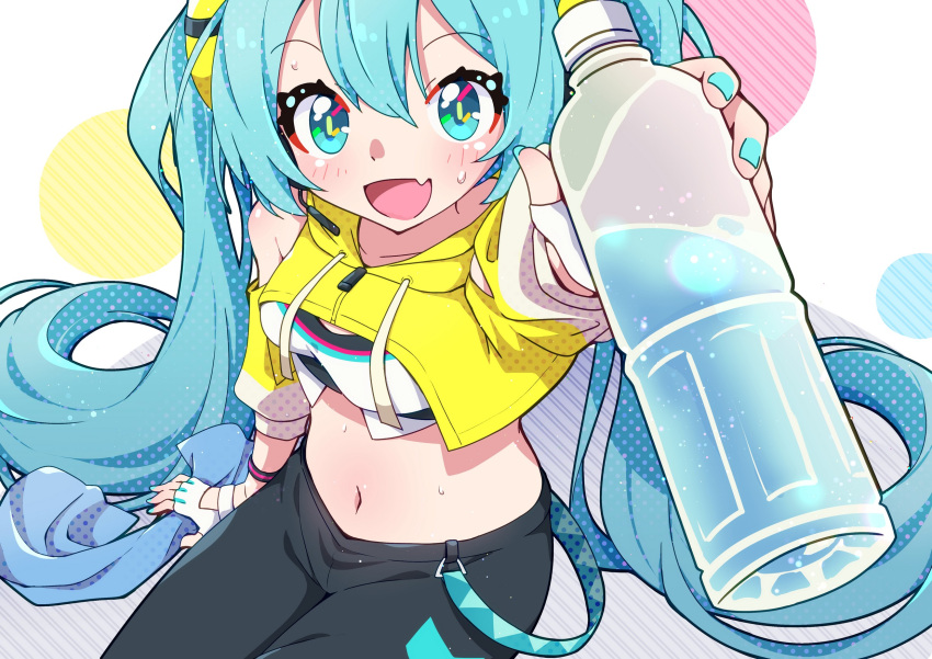 aqua_eyes aqua_hair arm_up blush bottle commentary cowboy_shot cropped_jacket drawstring female fingerless_gloves fitness_boxing fitness_boxing_feat._hatsune_miku:_isshoni_exercise foreshortening fuusen_neko giving gloves hair_ornament hatsune_miku highres holding holding_bottle hood hooded_jacket incoming_drink jacket lanyard long_hair midriff navel oerba_yun_fang official_alternate_costume open_mouth outstretched_arm pants reaching reaching_towards_viewer sitting skin_fang smile solo sports_bra sweat towel track_pants twintails underwear very_long_hair vocaloid water_bottle white_gloves white_sports_bra yellow_jacket