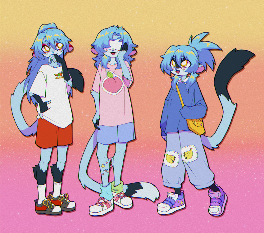 80's_theme absurd_res anthro astra_lupus banana blindfold blue_body blue_fur blue_hair brother_(lore) brothers_(lore) clothed clothing food footwear fruit fur group gwendolyn_stellas hair haplorhine hi_res humanoid leonis_stellas long_hair long_tail male mammal mango_(fruit) monkey nebula_stellas peach_(fruit) plant primate retro shoes sibling_(lore) sinfrou tail trio yellow_eyes