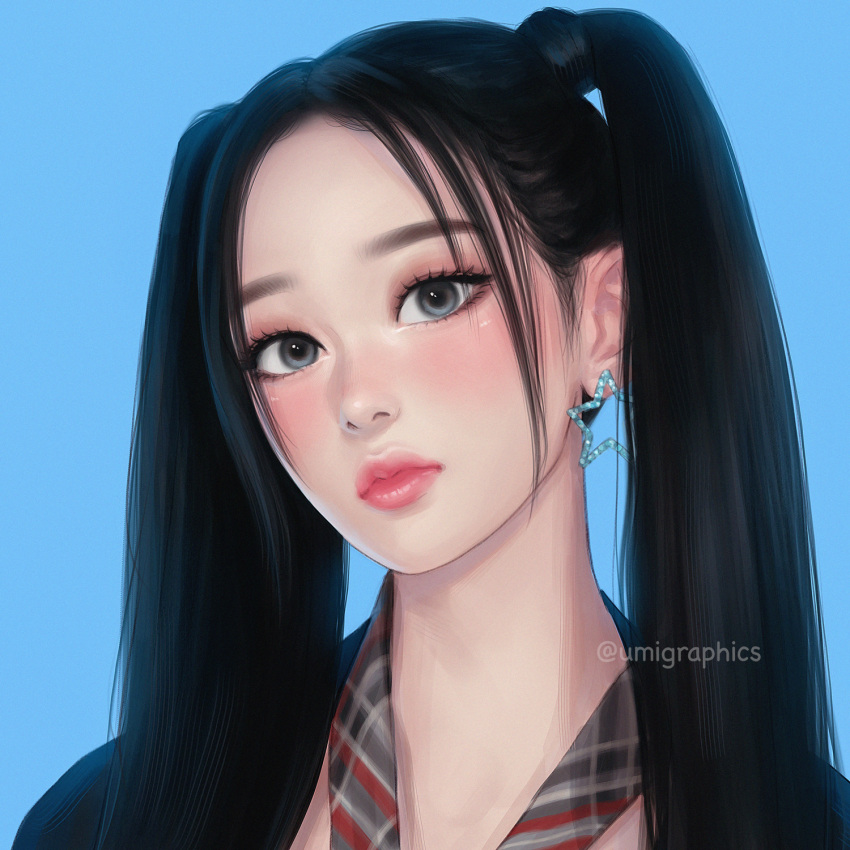 black_hair blue_background blue_eyes earrings female highres jewelry k-pop lips long_hair looking_at_viewer loose_necktie minji_(newjeans) necktie newjeans portrait real_life solo star_(symbol) star_earrings twintails umigraphics