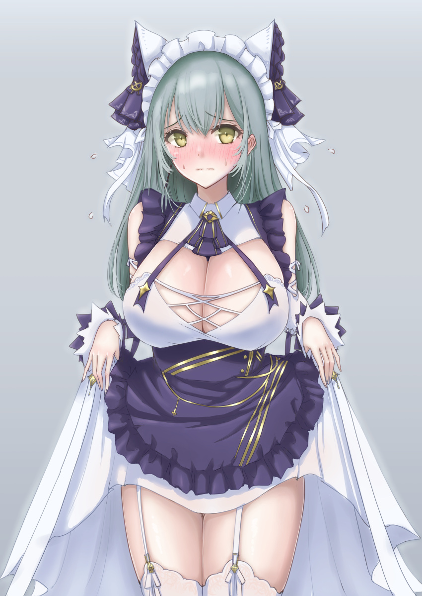 absurdres alternate_costume animal_ears apron azur_lane blush breasts cat_ears cheshire_(azur_lane) cheshire_(azur_lane)_(cosplay) cleavage clothes_lift commission cosplay cotatubo cowboy_shot detached_sleeves dress dress_lift enmaided fake_animal_ears female frilled_hairband frills full-face_blush garter_straps green_hair grey_background hair_between_eyes hairband highres lace-trimmed_thighhighs lace_trim large_breasts long_hair looking_at_viewer maid maid_headdress purple_apron revenge_(azur_lane) simple_background skeb_commission solo thighhighs white_garter_straps white_thighhighs wrist_cuffs yellow_eyes