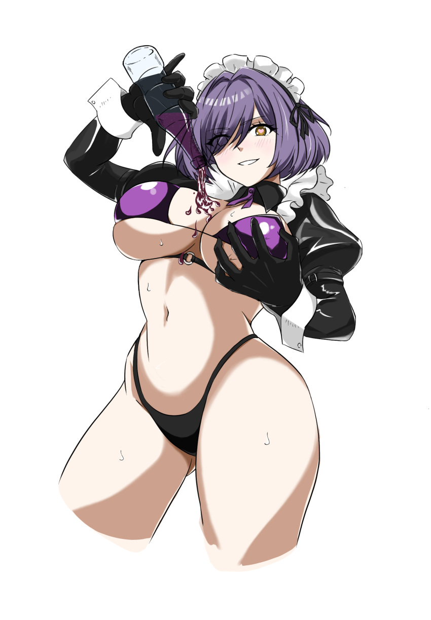 ass_visible_through_thighs azur_lane bikini black_gloves bottle breasts cmos cropped_legs female gloucester_(azur_lane) gloucester_(violet_enrapturement)_(azur_lane) gloves grin hair_over_one_eye hands_up heart heart-shaped_pupils highres holding holding_bottle juliet_sleeves large_breasts light_blush long_sleeves maid maid_headdress navel official_alternate_costume parted_lips pouring pouring_onto_self puffy_sleeves purple_bikini purple_eyes simple_background smile solo stomach swimsuit symbol-shaped_pupils white_background wrist_cuffs yellow_eyes