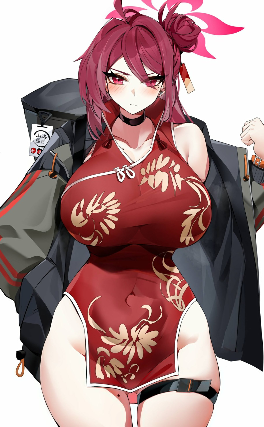 absurdres ahoge ass_visible_through_thighs bare_shoulders blue_archive blush breasts casul china_dress chinese_clothes choker dress female grey_jacket hair_between_eyes hair_bun halo hand_in_pocket highres jacket large_breasts long_hair long_sleeves looking_at_viewer mole mole_on_breast mole_on_thigh mole_under_eye off_shoulder open_mouth red_dress red_eyes red_hair reijo_(blue_archive) revision short_dress sidelocks single_side_bun solo thigh_strap thighs very_long_hair