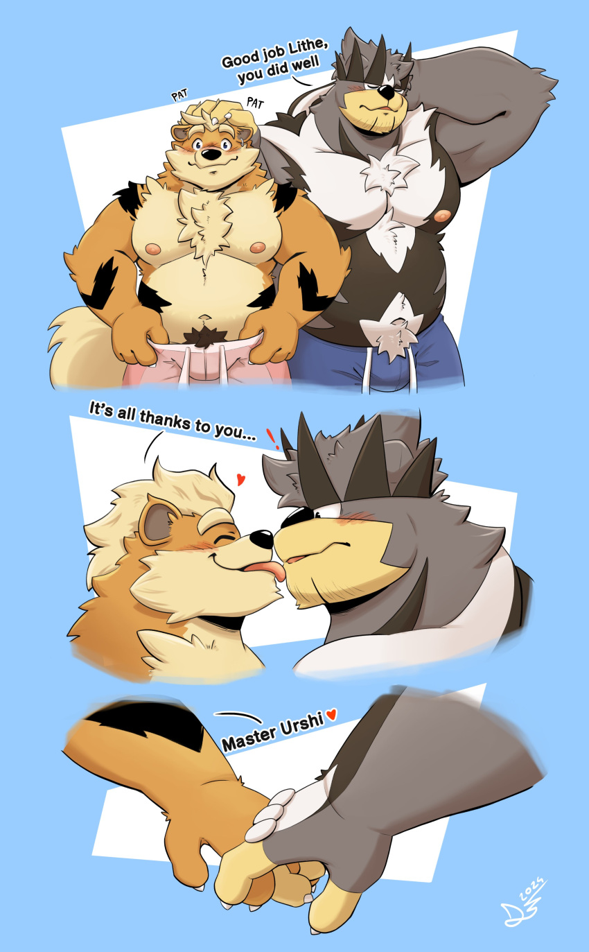 2boys anthro arcanine blush bulge chubby danipika hand_on_head holding_hands licking licking_face male_only muscular muscular_male nipples panels partially_clothed pecs pokemon pokemon_(species) shorts standing text urshifu