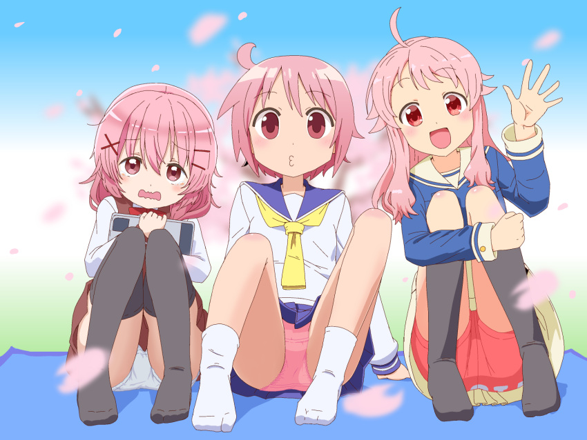 3girls :d ahoge anima_yell! black_socks black_thighhighs blanket blue_serafuku blue_skirt blue_sky blurry blurry_background blush cherry_blossoms comic_girls day drawing_tablet hair_ornament hairclip hatoya_kohane highres kneehighs long_hair long_sleeves looking_at_viewer moeta_kaoruko mons_pubis multiple_girls necktie no_shoes nonohara_yuzuko nyoki_naioki open_mouth outdoors panties pink_eyes pink_hair pink_panties pink_petals pleated_skirt puckered_lips red_eyes red_shorts sailor_collar school_uniform serafuku short_hair shorts sitting skirt sky smile socks thighhighs underwear waving wavy_mouth white_panties white_socks x_hair_ornament yellow_necktie yuyushiki