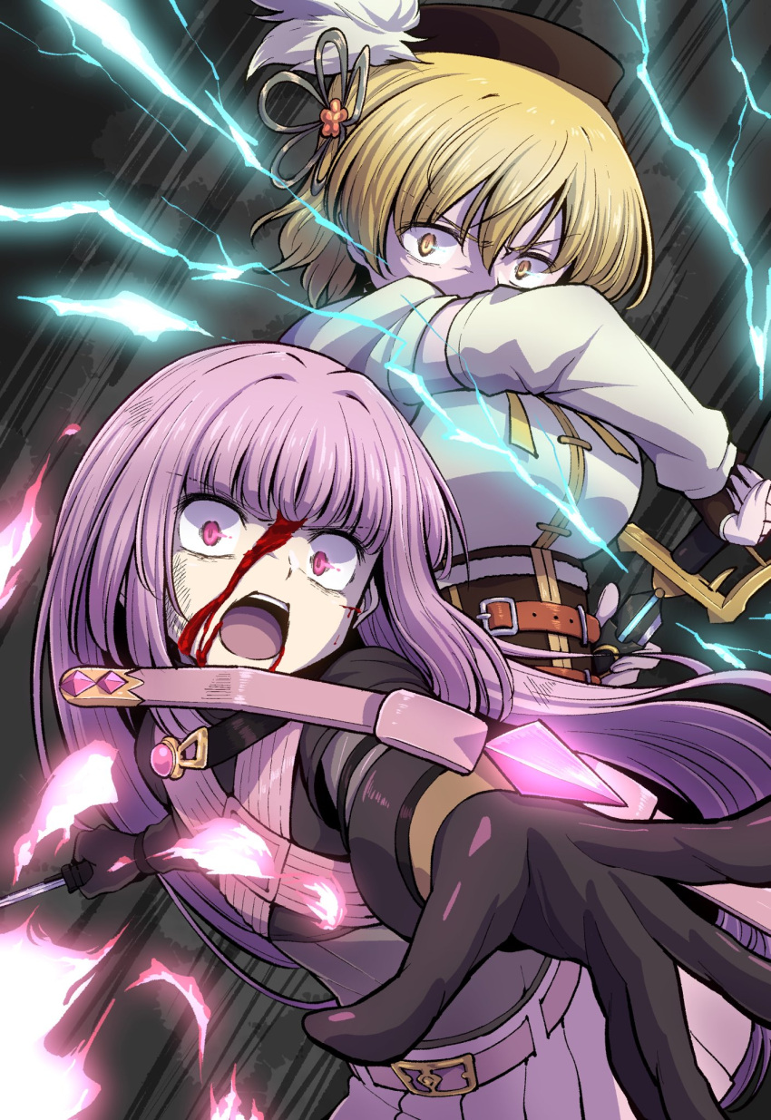 2girls angry belt blonde_hair blood blood_on_face breasts brown_gloves commentary_request crossbow fingerless_gloves gloves hat highres knife large_breasts long_hair looking_at_viewer magia_record:_mahou_shoujo_madoka_magica_gaiden mahou_shoujo_madoka_magica multiple_girls pink_eyes pink_hair pink_skirt skirt tamaki_iroha tomoe_mami tomoe_mami_(magical_girl) touyu_(yuruyuruto) weapon yellow_eyes