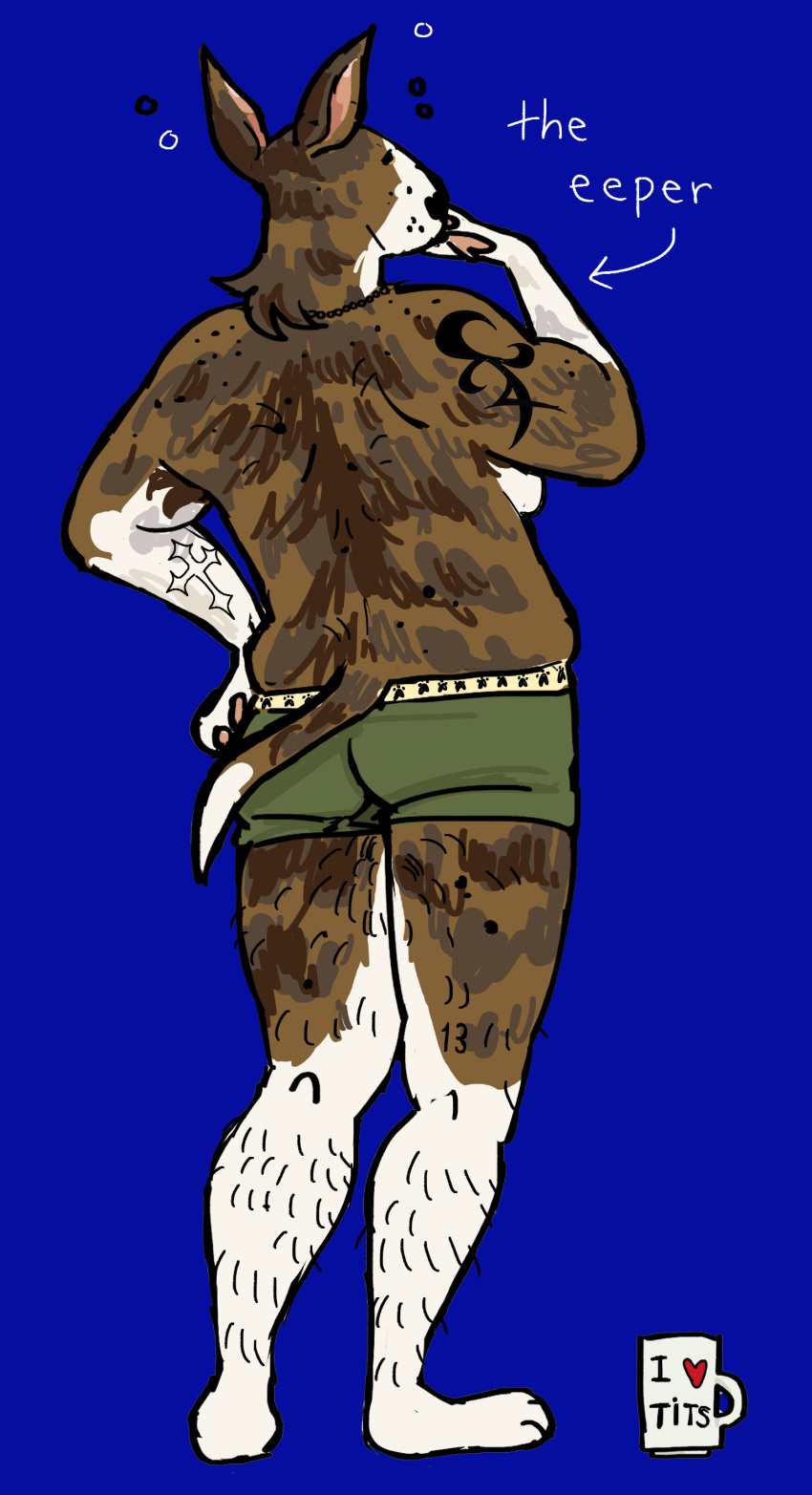 2024 3_toes absurd_res anthro arm_tattoo arrow_sign ass bent_arm black_nose blue_background body_hair boxers_(clothing) breasts brown_body brown_fur brown_tail bull_terrier butch_animal_(flockdog) canid canine canis closed_eyes clothed clothing colored container cup digital_drawing_(artwork) digital_media_(artwork) dipstick_tail domestic_dog english_text feet female female_anthro flockdog fur green_boxers green_clothing green_underwear hand_on_hip handpaw hi_res hunting_dog leg_hair mammal markings mug multicolored_body multicolored_fur pawpads paws pink_inner_ear pink_pawpads rear_view simple_background solo standing tail tail_markings tattoo terrier text text_on_mug thick_thighs tired toes topless topless_anthro topless_female trans_(lore) trans_woman_(lore) underwear whisker_spots white_body white_breasts white_fur white_tail_tip