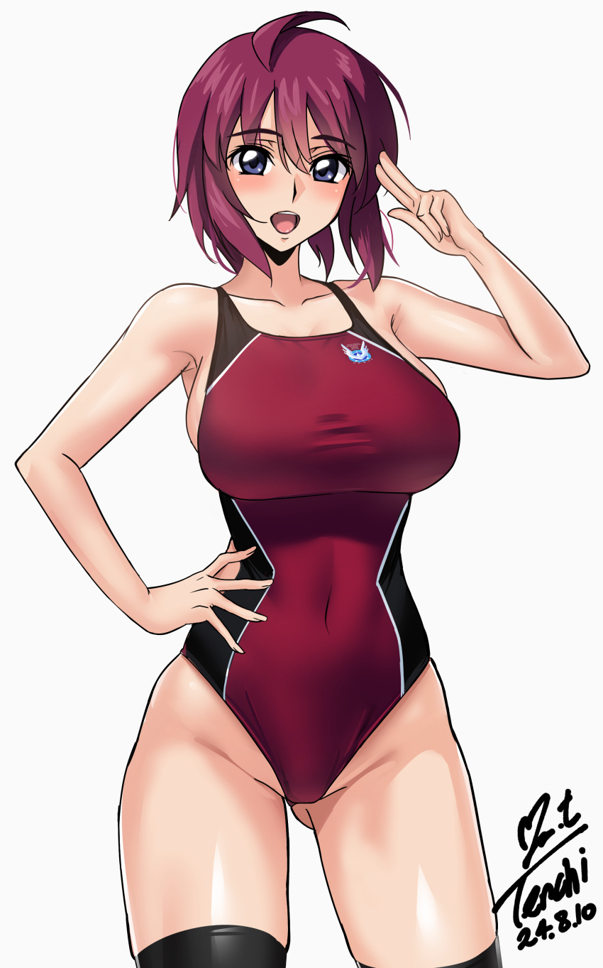 absurdres ahoge bikini black_thighhighs blue_eyes breasts commentary competition_swimsuit contrapposto dated female gundam gundam_seed gundam_seed_destiny highres large_breasts lunamaria_hawke one-piece_swimsuit open_mouth pretzel_bikini purple_hair red_one-piece_swimsuit revision salute short_hair signature simple_background solo swimsuit thighhighs two-tone_swimsuit white_background yoo_tenchi