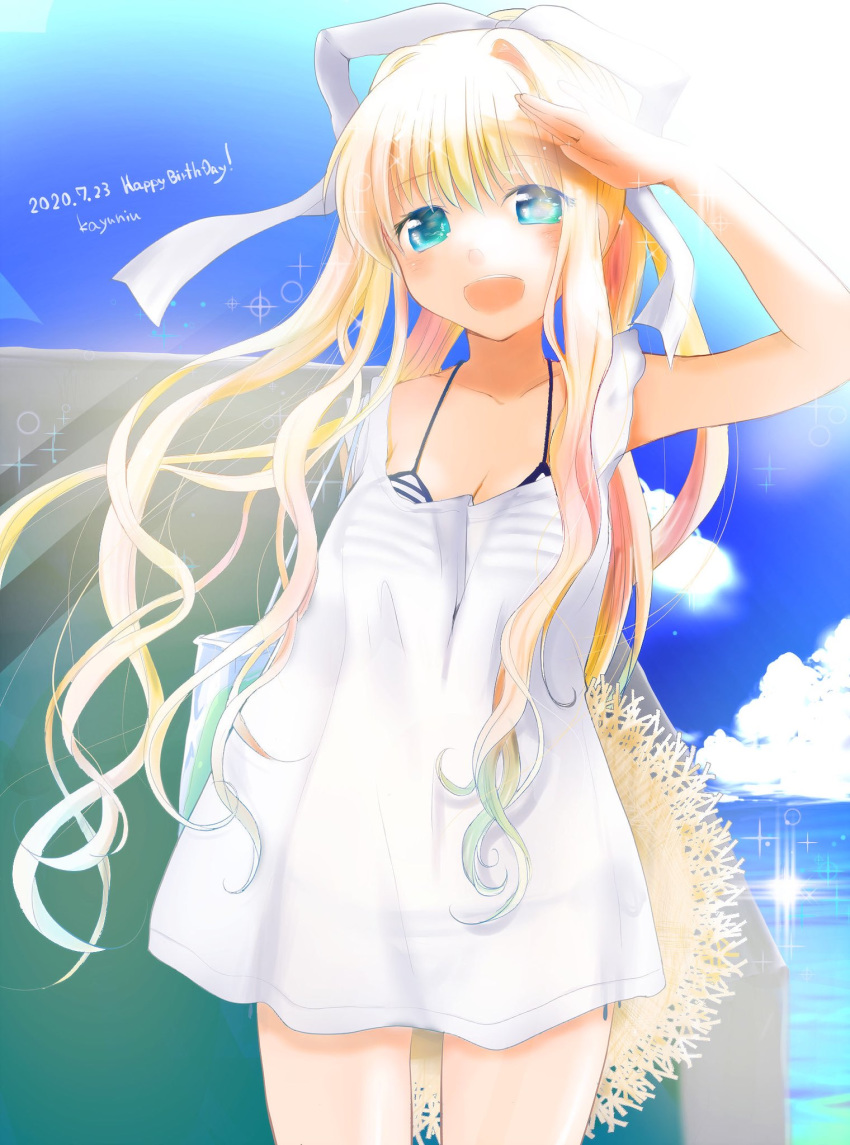 air_(visual_novel) bikini bikini_under_clothes blonde_hair blue_eyes blue_sky cloud commentary_request cowboy_shot dated day dress female happy_birthday hat highres horizon kamio_misuzu kayune_niu long_hair ocean outdoors ponytail salute see-through see-through_dress short_hair sky solo standing straw_hat striped_bikini striped_clothes sun_hat swimsuit unworn_hat unworn_headwear white_dress