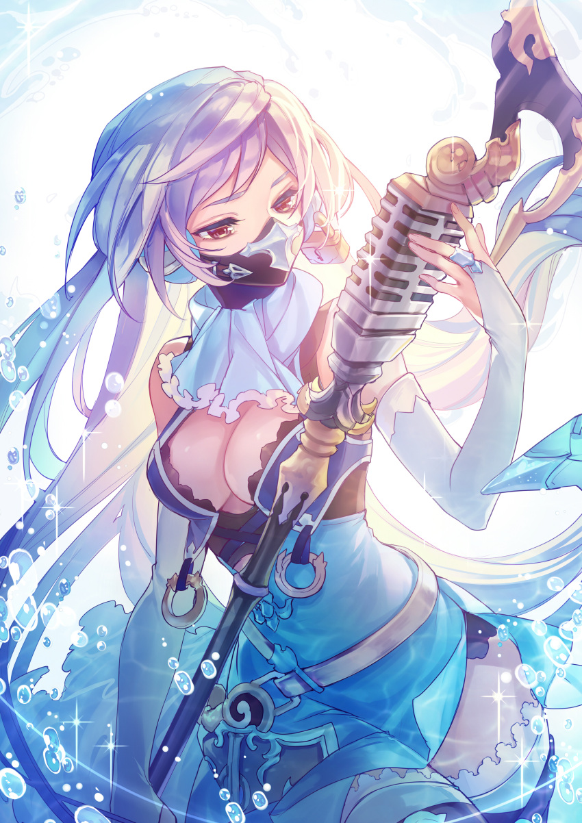 absurdres achan_(blue_semi) belt blue_dress breasts bridal_gauntlets cleavage cleavage_cutout clothing_cutout commentary_request covered_mouth cowboy_shot dress earrings ejaeli_(granblue_fantasy) female granblue_fantasy highres holding holding_microphone jewelry lock lock_earrings long_hair mask medium_breasts microphone mouth_mask scarf solo sparkle water water_drop