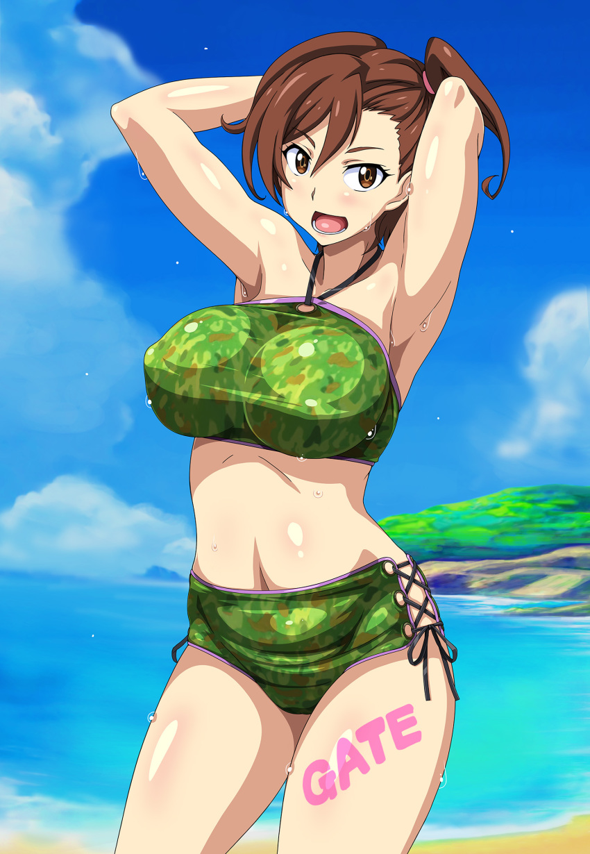 armpits arms_behind_head arms_up beach blue_sky blush body_writing breasts brown_eyes brown_hair camouflage cloud commentary_request copyright_name covered_nipples cowboy_shot day female gate_-_jieitai_ka_no_chi_nite_kaku_tatakaeri halterneck highres kuribayashi_shino large_breasts looking_at_viewer muimui navel ocean open_mouth outdoors photoshop_(medium) round_teeth shiny_skin short_hair side_ponytail sky smile solo standing swept_bangs swimsuit teeth thighs tongue water wet wet_clothes wet_swimsuit